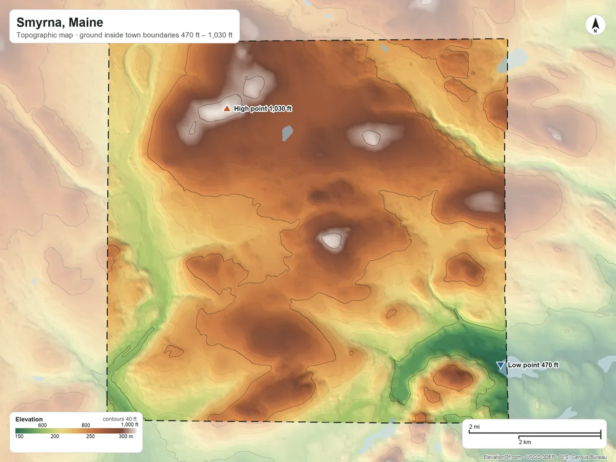 Topographic elevation map of Smyrna, Maine, shaded from 470 ft on the east side to 1,030 ft on the north side