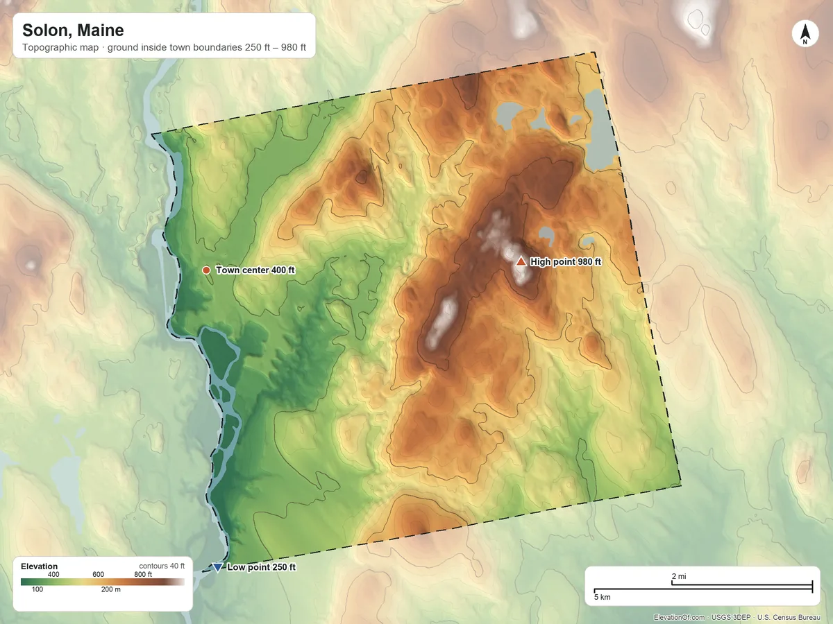 Topographic elevation map of Solon, Maine, shaded from 250 ft on the south side to 980 ft on Rowell Mountain