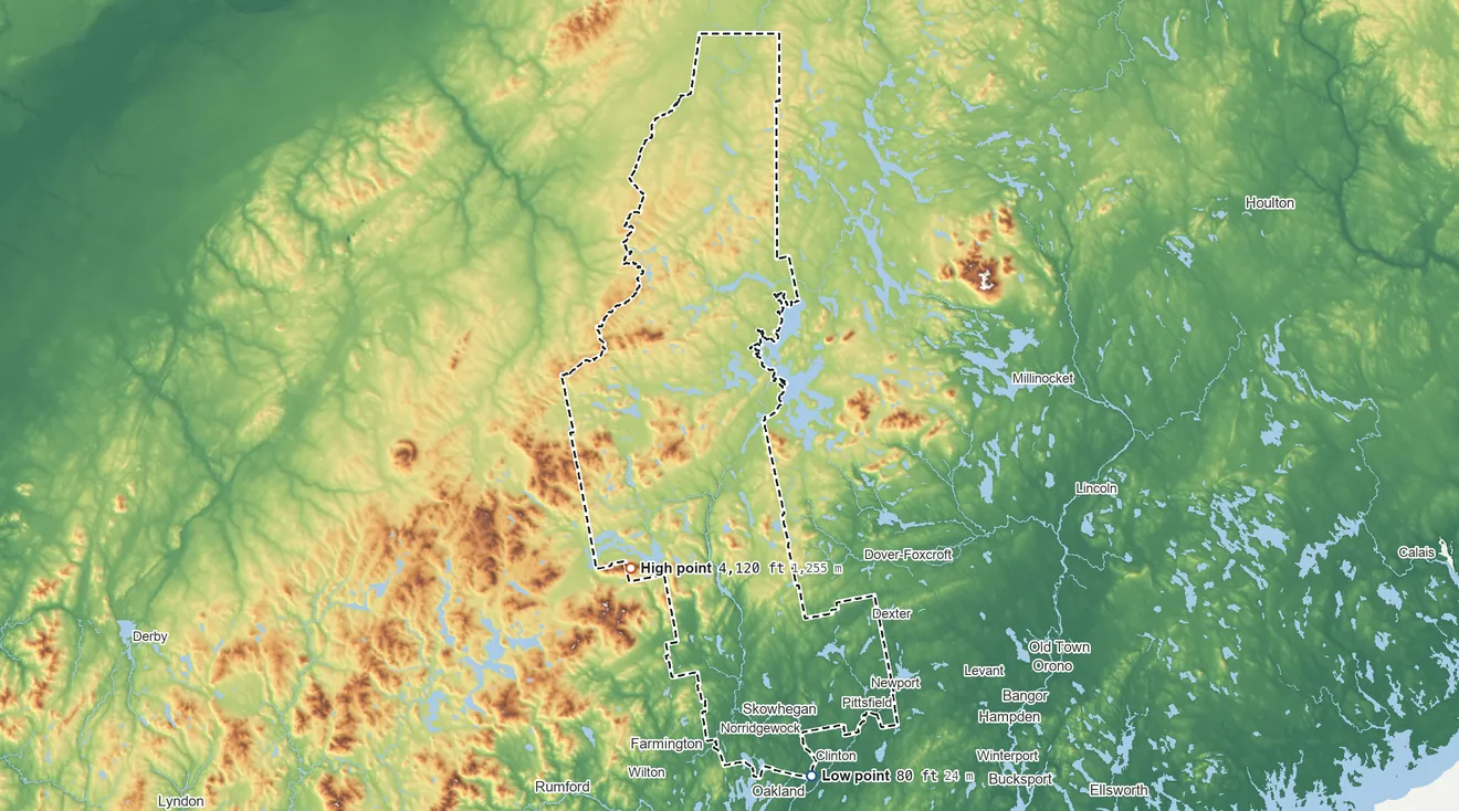 Topographic elevation map of Somerset County, Maine, shaded from 80 ft on the south side to 4,120 ft on Mount Bigelow