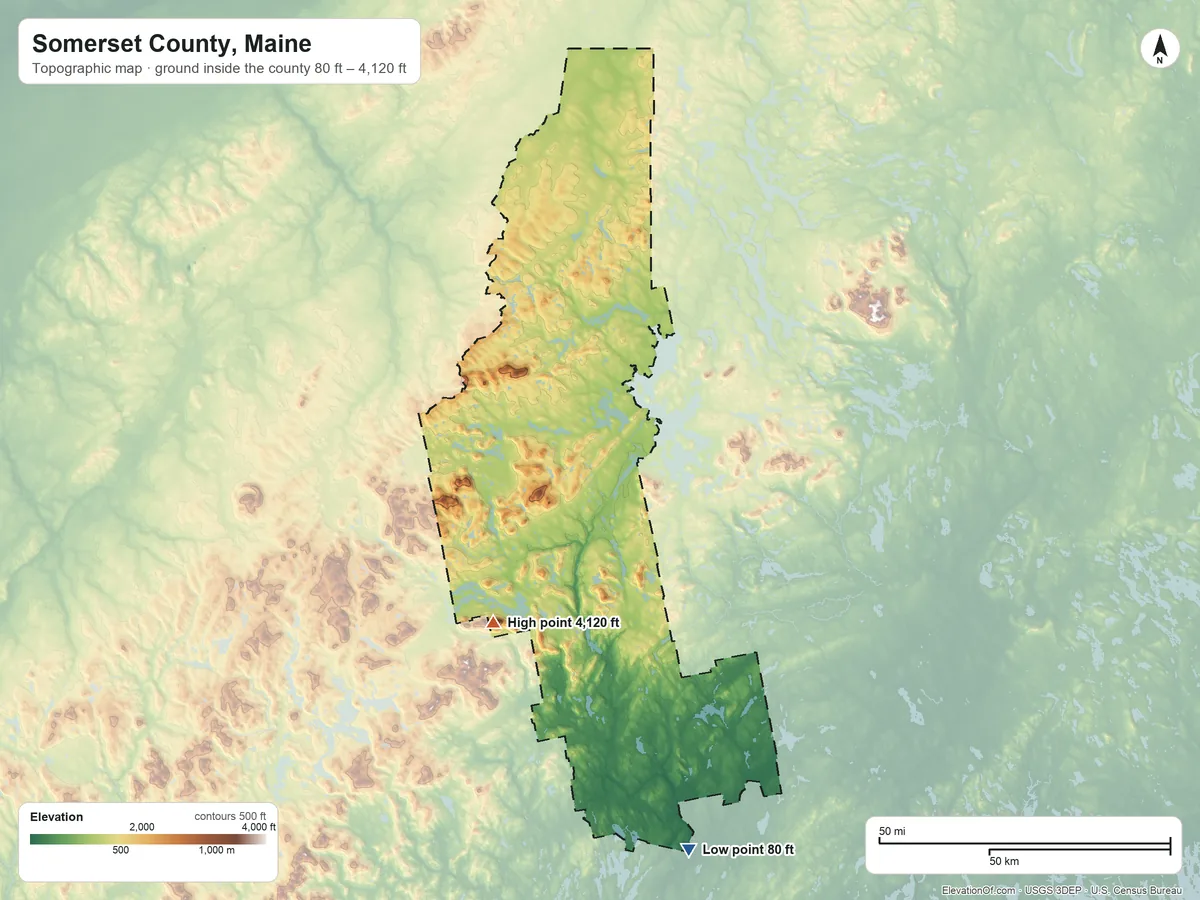 Topographic elevation map of Somerset County, Maine, shaded from 80 ft on the south side to 4,120 ft on Mount Bigelow