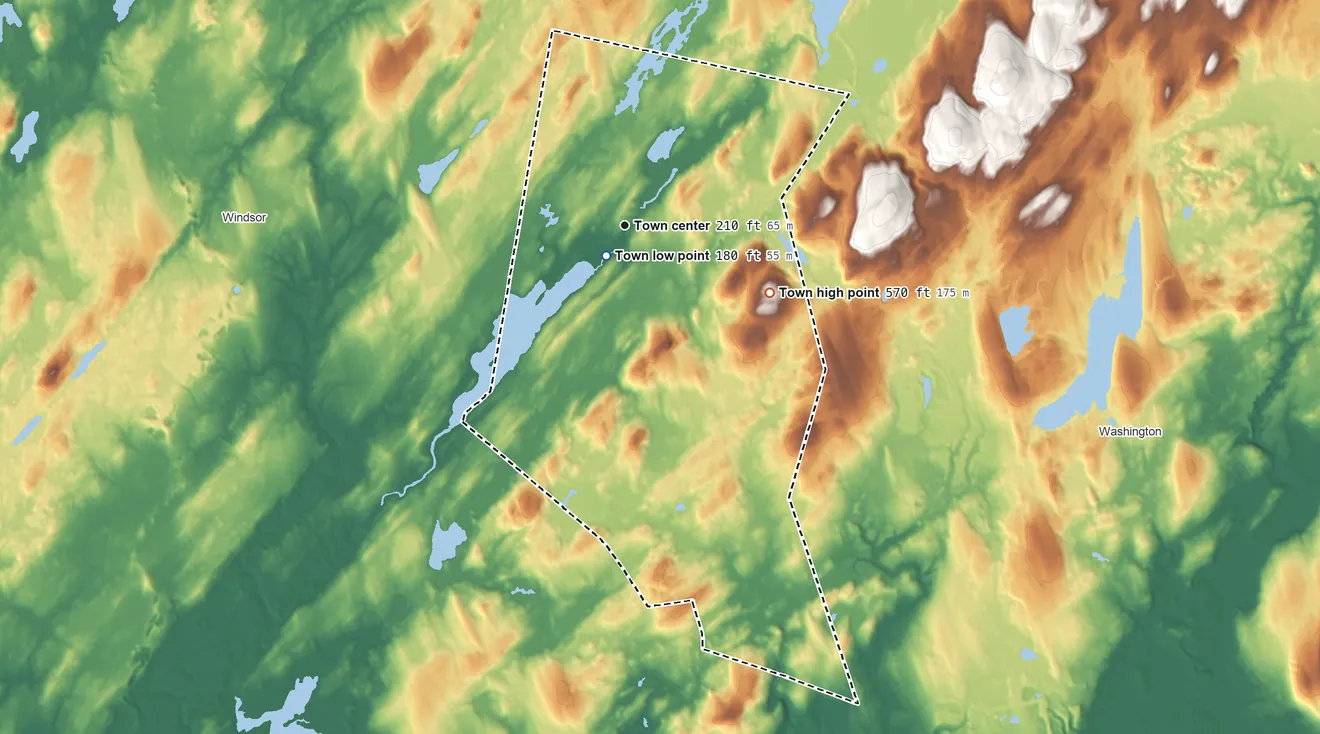 Topographic elevation map of Somerville, Maine, shaded from 180 ft near the middle to 570 ft on the southeast side