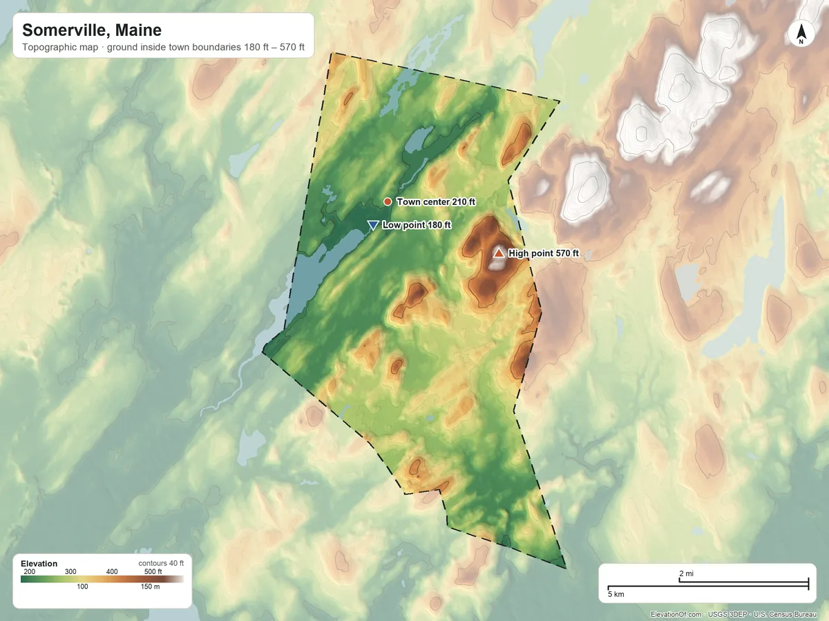 Topographic elevation map of Somerville, Maine, shaded from 180 ft near the middle to 570 ft on the southeast side