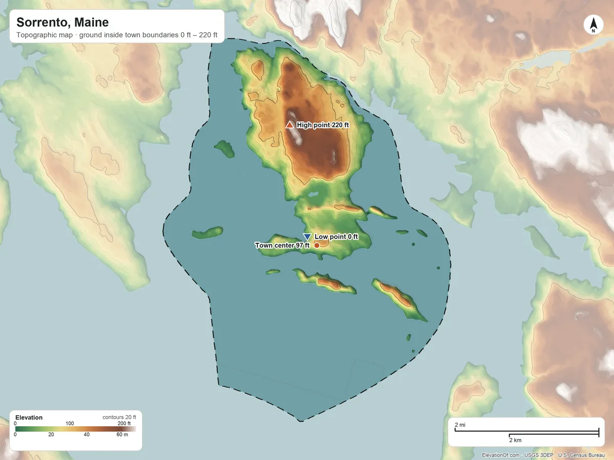 Topographic elevation map of Sorrento, Maine, shaded from 0 ft near the middle to 220 ft on the north side