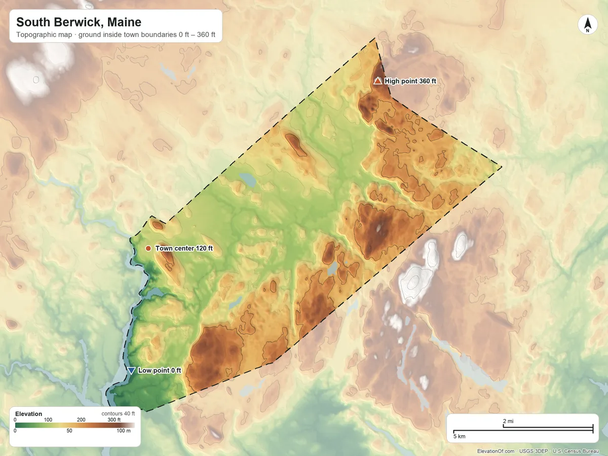 Topographic elevation map of South Berwick, Maine, shaded from 0 ft on the south side to 360 ft on Welch Hill