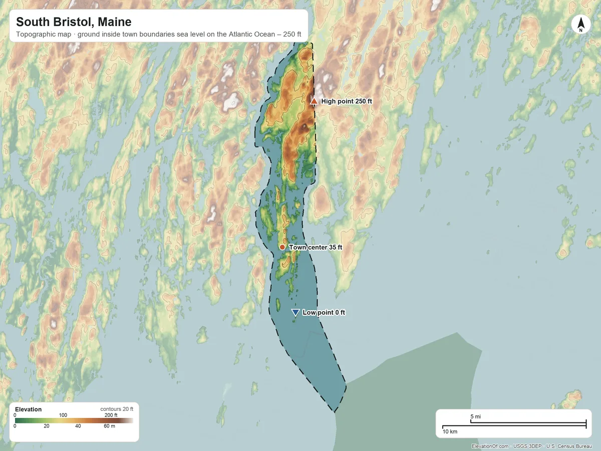 Topographic elevation map of South Bristol, Maine, shaded from sea level level on the Atlantic Ocean to 250 ft on the north side