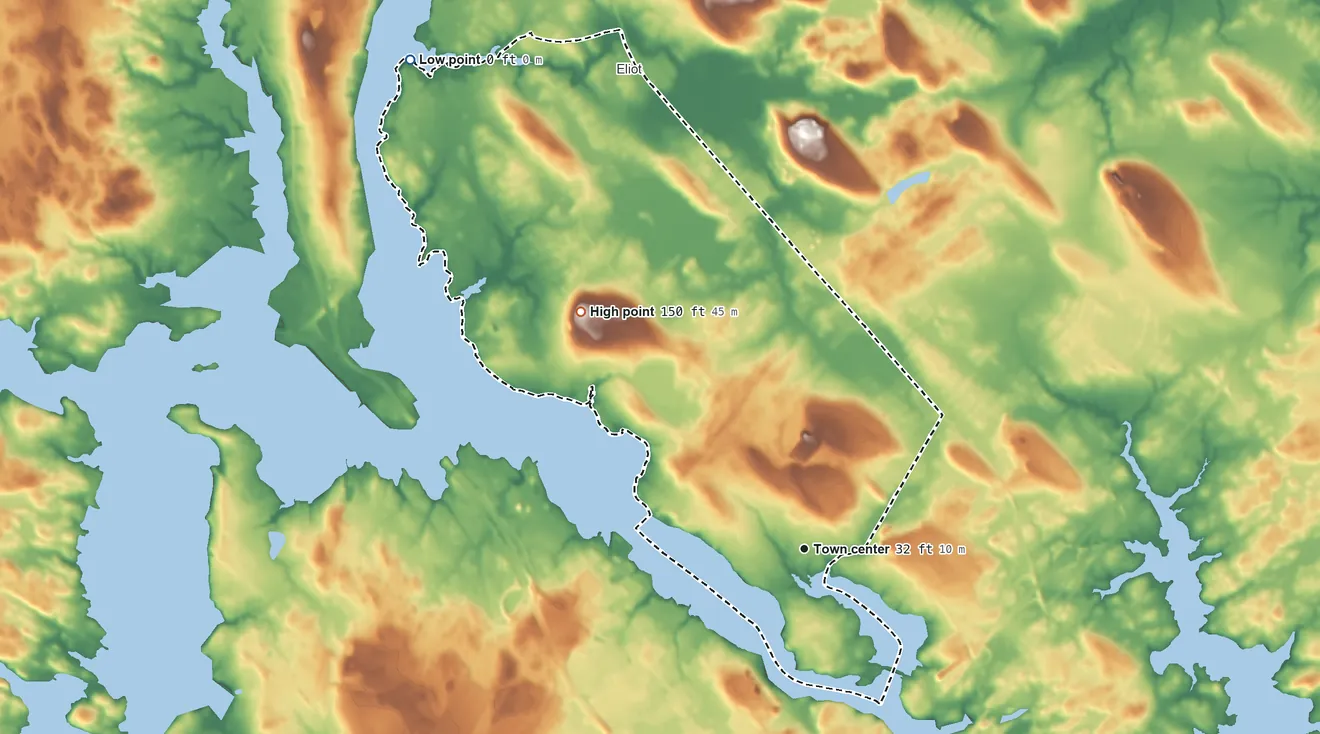 Topographic elevation map of South Eliot, Maine, shaded from 0 ft on the northwest side to 150 ft on Sunset Hill