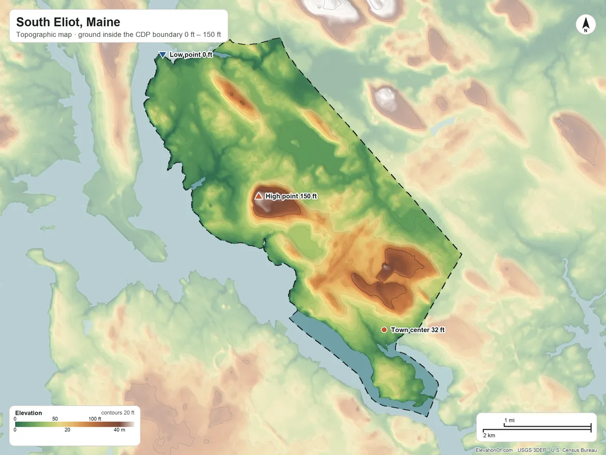 Topographic elevation map of South Eliot, Maine, shaded from 0 ft on the northwest side to 150 ft on Sunset Hill