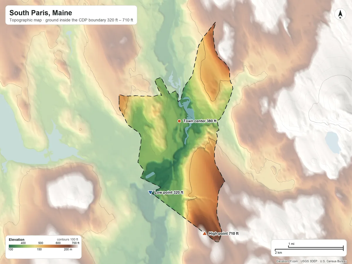 Topographic elevation map of South Paris, Maine, shaded from 320 ft on the south side to 710 ft on the south side