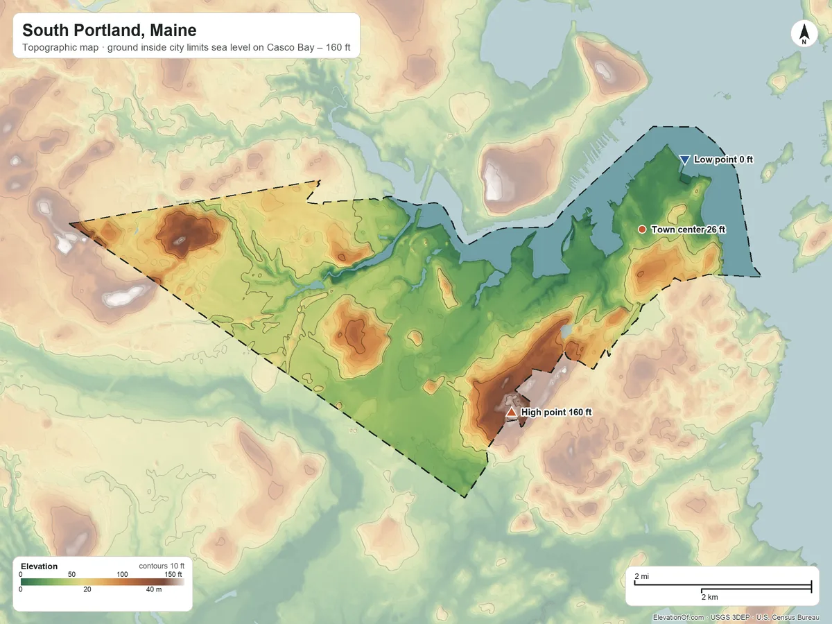 Topographic elevation map of South Portland, Maine, shaded from sea level level on Casco Bay to 160 ft on the southwest side