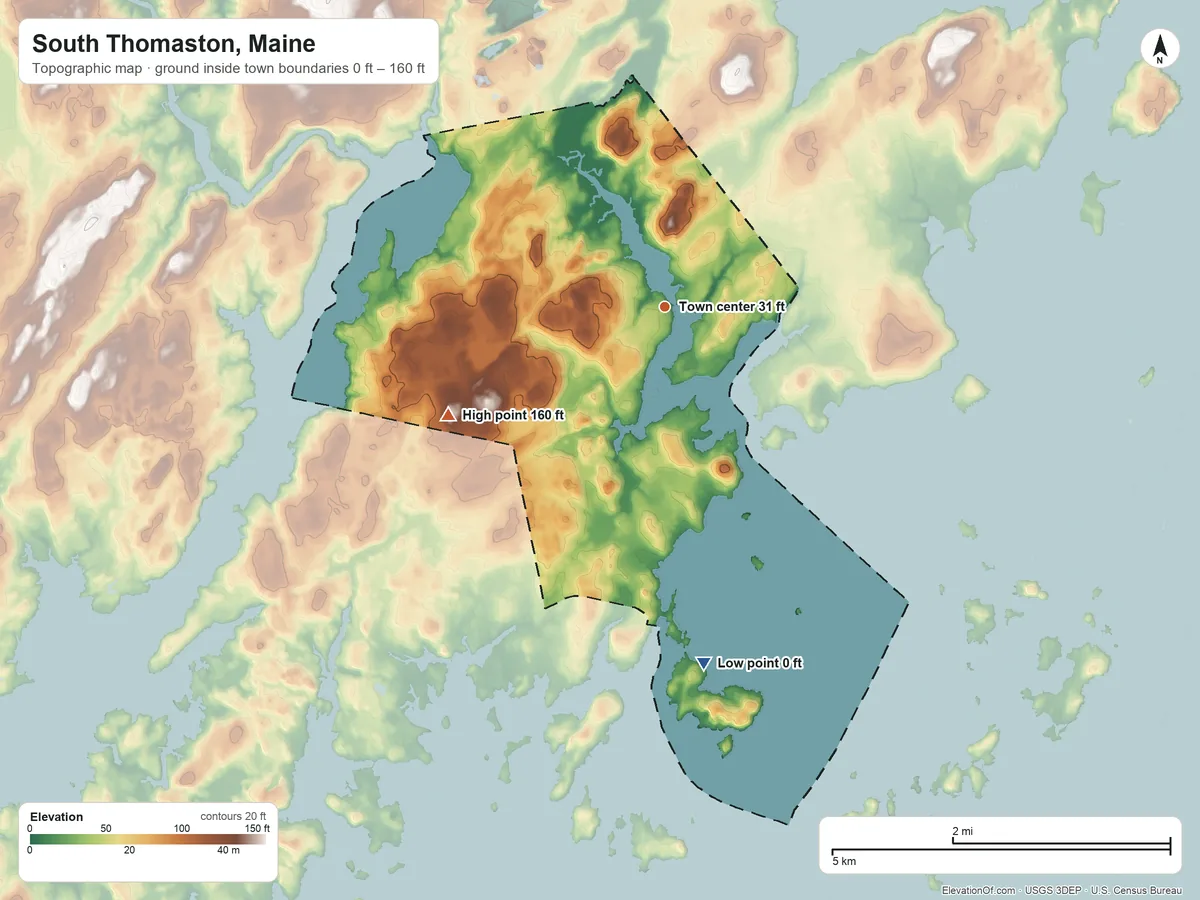 Topographic elevation map of South Thomaston, Maine, shaded from 0 ft on the south side to 160 ft on the southwest side