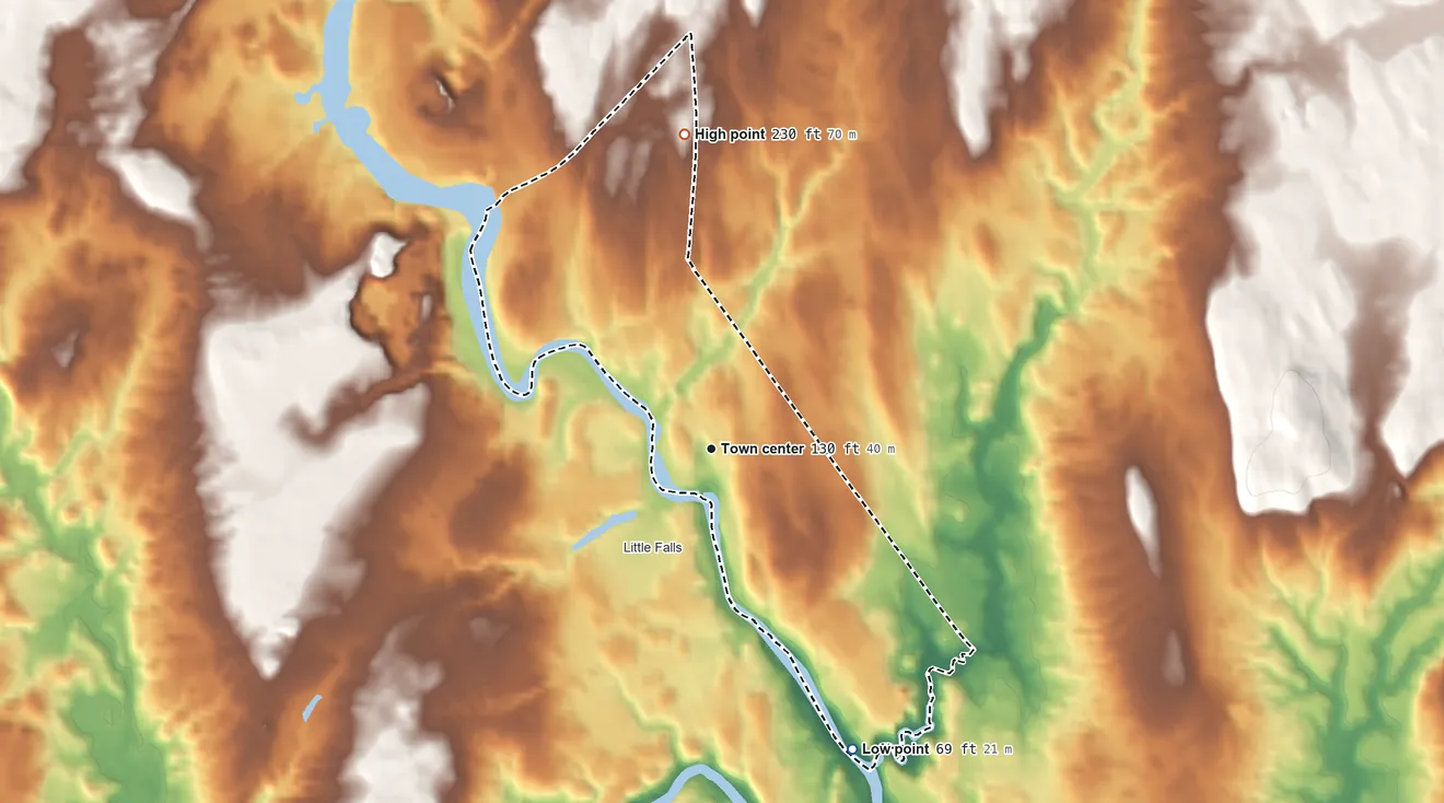Topographic elevation map of South Windham, Maine, shaded from 69 ft on the southeast side to 230 ft on the north side