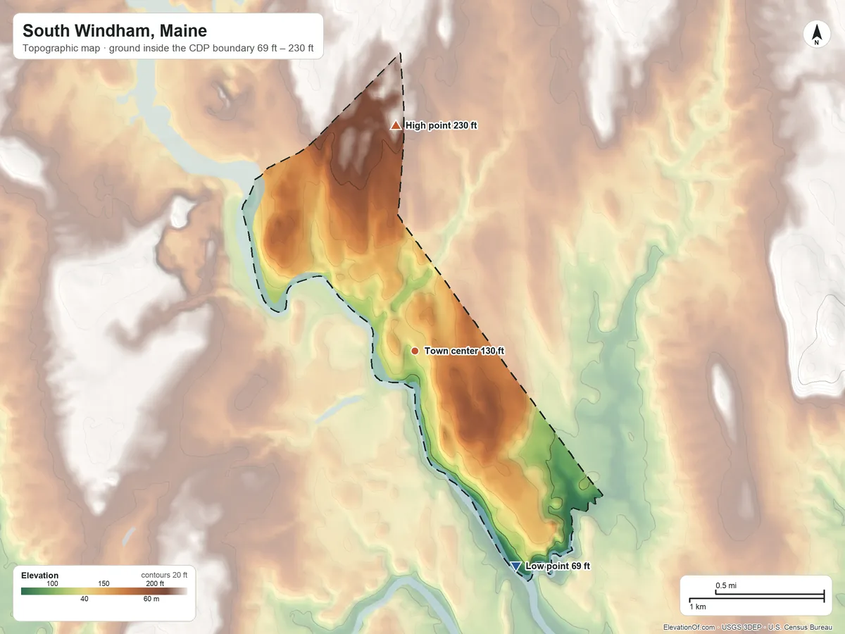 Topographic elevation map of South Windham, Maine, shaded from 69 ft on the southeast side to 230 ft on the north side