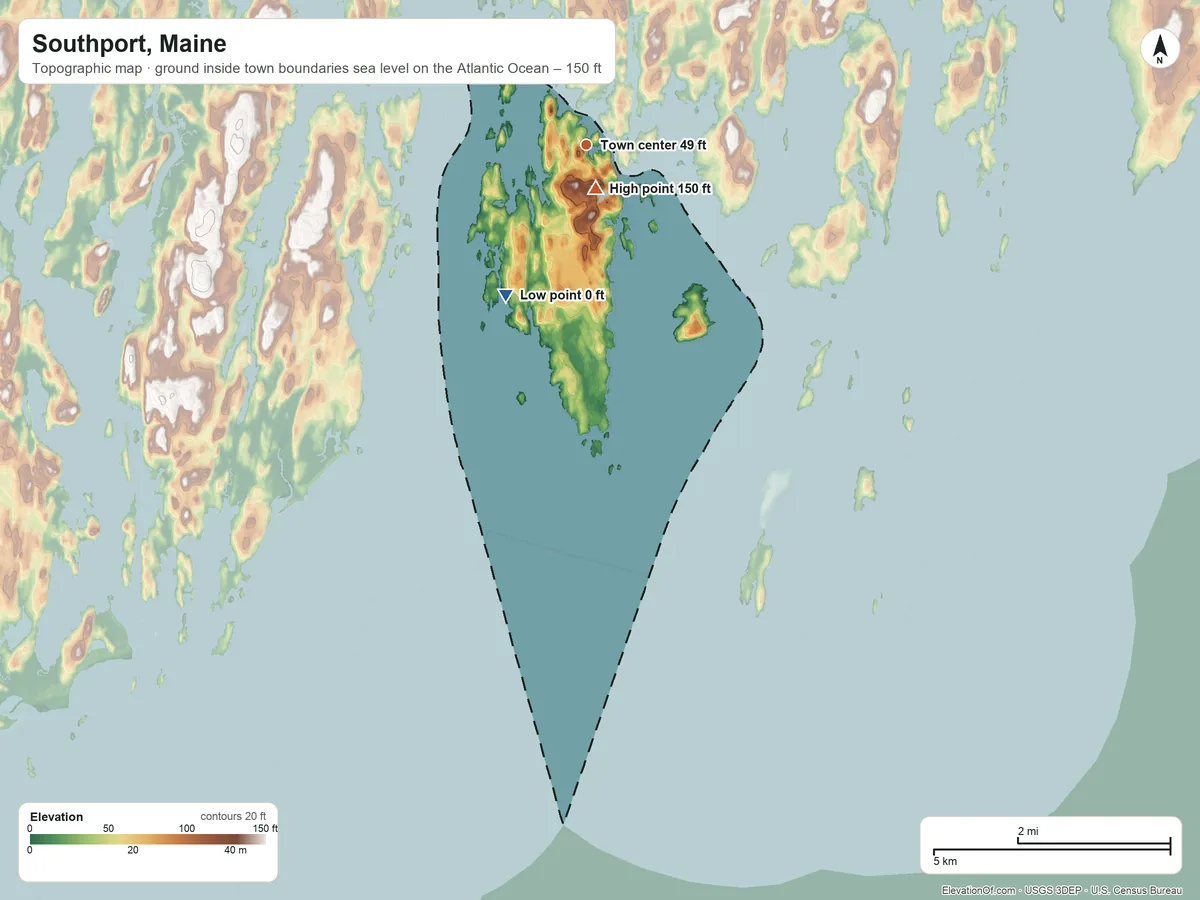 Topographic elevation map of Southport, Maine, shaded from sea level level on the Atlantic Ocean to 150 ft near the middle
