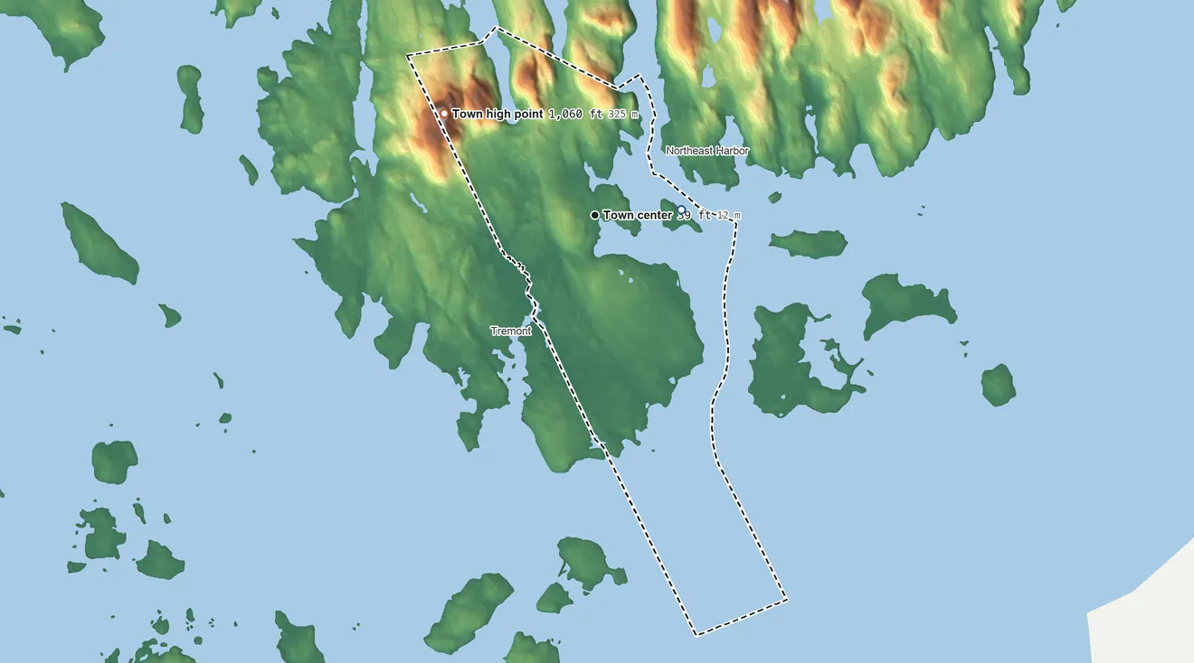 Topographic elevation map of Southwest Harbor, Maine, shaded from 0 ft on the east side to 1,060 ft on Bernard Mountain