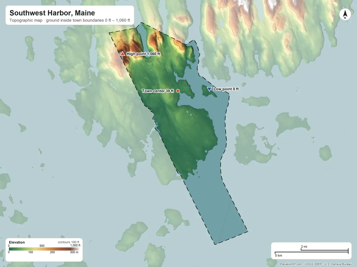 Topographic elevation map of Southwest Harbor, Maine, shaded from 0 ft on the east side to 1,060 ft on Bernard Mountain