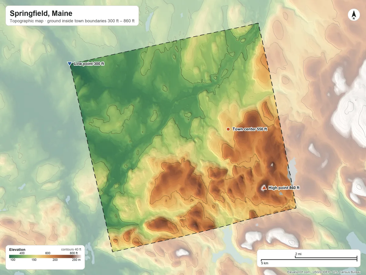 Topographic elevation map of Springfield, Maine, shaded from 300 ft on the west side to 860 ft on the southeast side