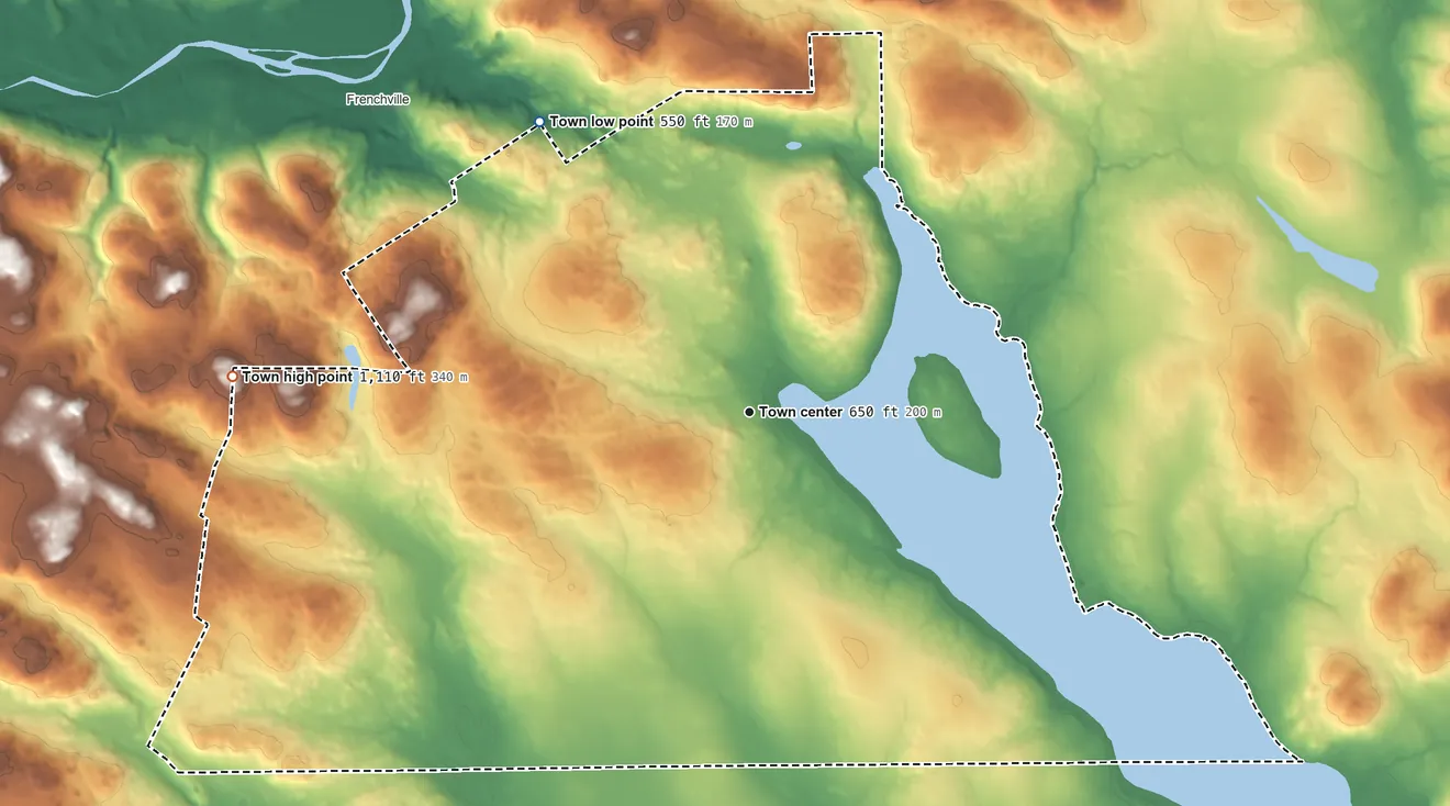Topographic elevation map of St. Agatha, Maine, shaded from 550 ft on the northwest side to 1,110 ft on the west side
