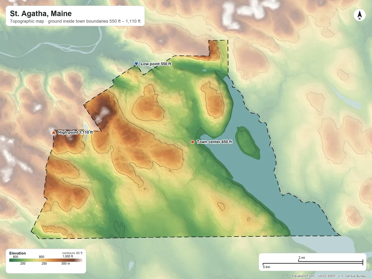 Topographic elevation map of St. Agatha, Maine, shaded from 550 ft on the northwest side to 1,110 ft on the west side
