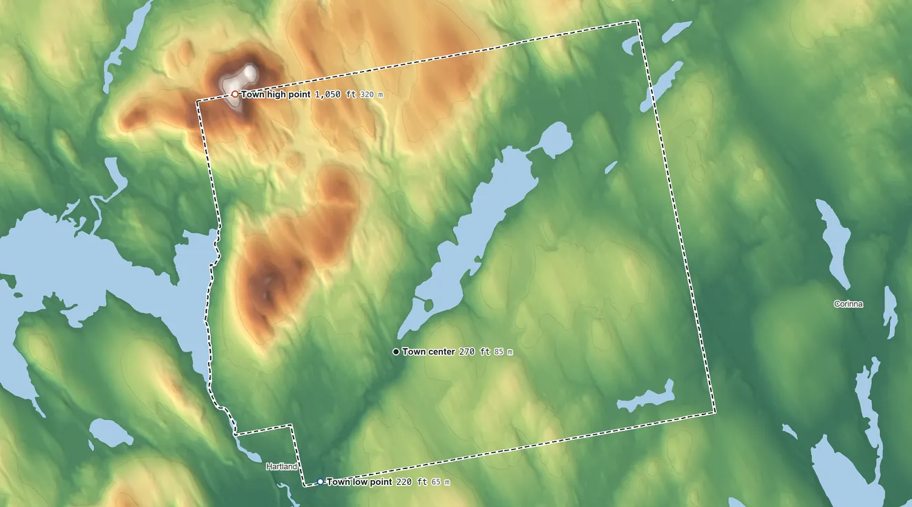 Topographic elevation map of St. Albans, Maine, shaded from 220 ft on the southwest side to 1,050 ft on the northwest side