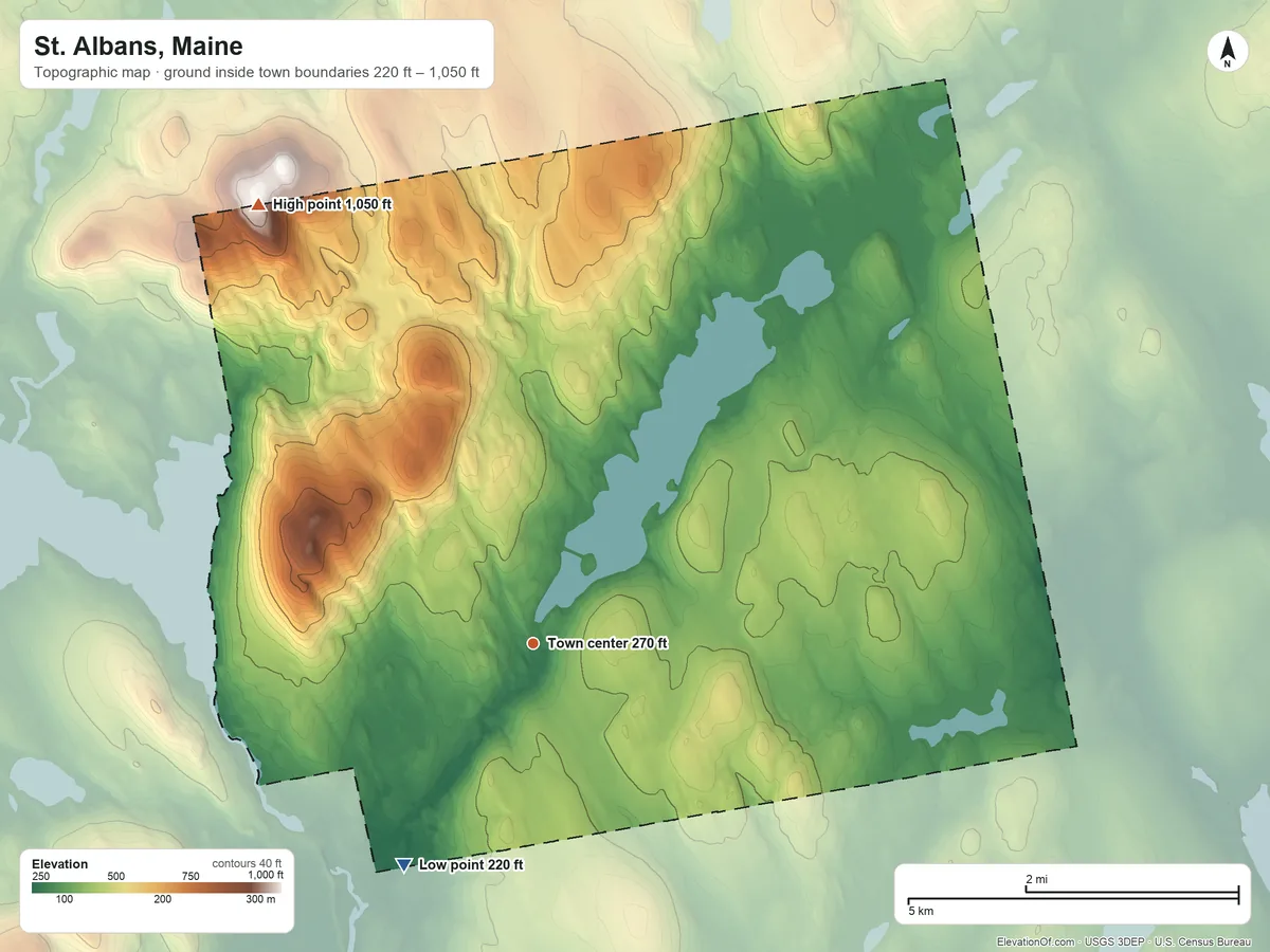 Topographic elevation map of St. Albans, Maine, shaded from 220 ft on the southwest side to 1,050 ft on the northwest side