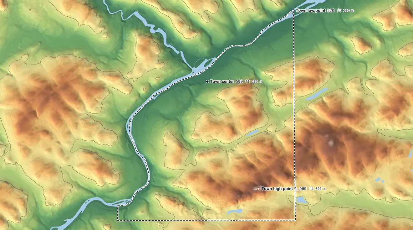 Topographic elevation map of St. Francis, Maine, shaded from 520 ft on the northeast side to 1,961 ft on McLean Mountain