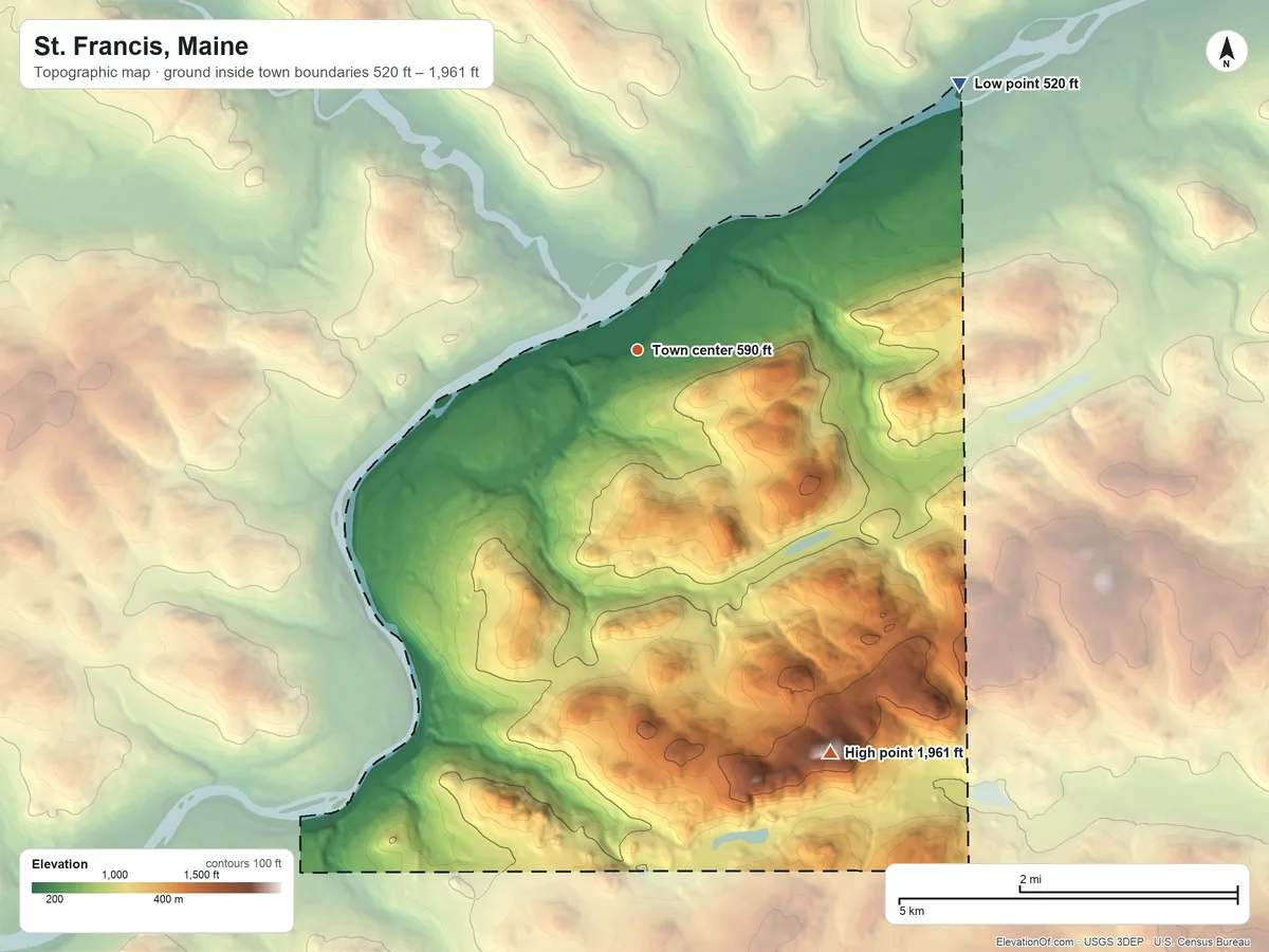 Topographic elevation map of St. Francis, Maine, shaded from 520 ft on the northeast side to 1,961 ft on McLean Mountain