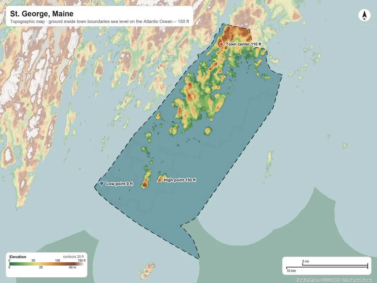Topographic elevation map of St. George, Maine, shaded from sea level level on the Atlantic Ocean to 150 ft on the southwest side