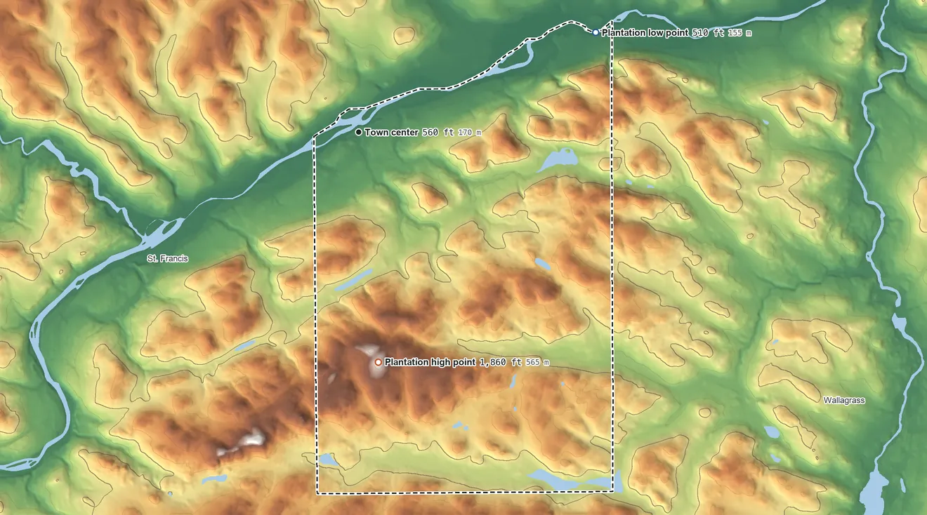 Topographic elevation map of St. John, Maine, shaded from 510 ft on the northeast side to 1,860 ft on the south side