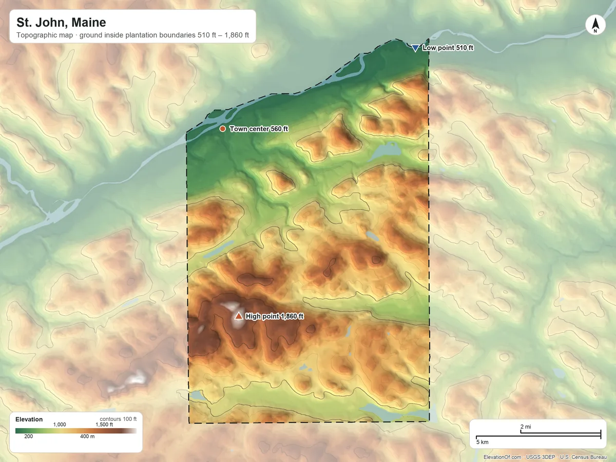 Topographic elevation map of St. John, Maine, shaded from 510 ft on the northeast side to 1,860 ft on the south side