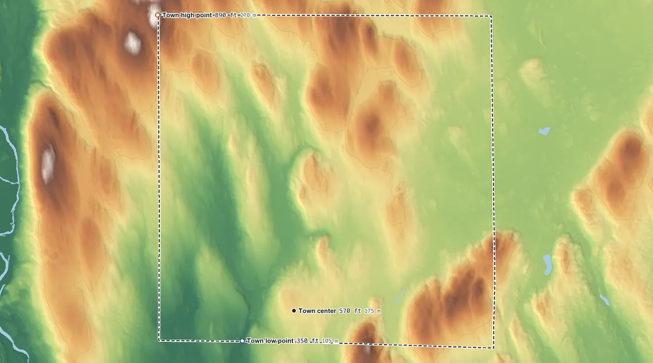 Topographic elevation map of Stacyville, Maine, shaded from 350 ft on the southwest side to 890 ft on the northwest side