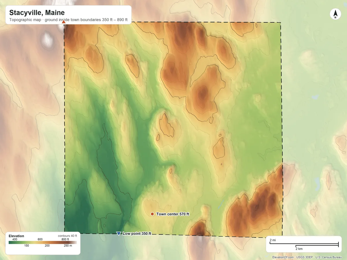 Topographic elevation map of Stacyville, Maine, shaded from 350 ft on the southwest side to 890 ft on the northwest side