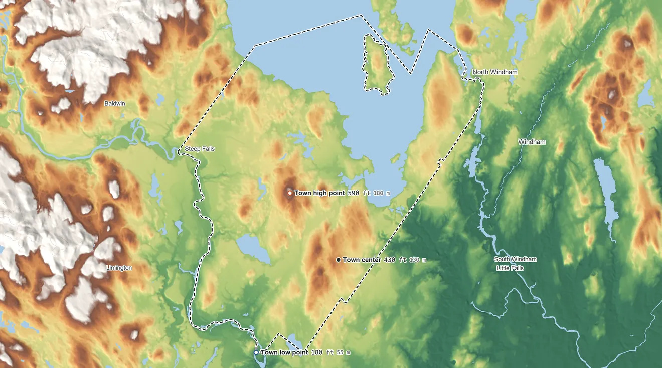 Topographic elevation map of Standish, Maine, shaded from 180 ft on the southwest side to 590 ft on Oak Hill