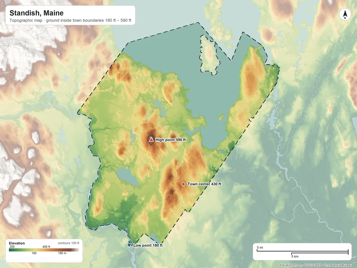 Topographic elevation map of Standish, Maine, shaded from 180 ft on the southwest side to 590 ft on Oak Hill