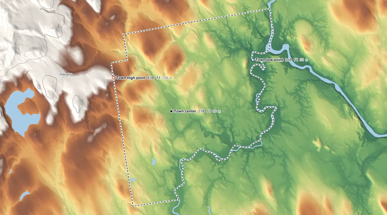 Topographic elevation map of Starks, Maine, shaded from 160 ft on the northeast side to 830 ft on the northwest edge, below higher ground just outside