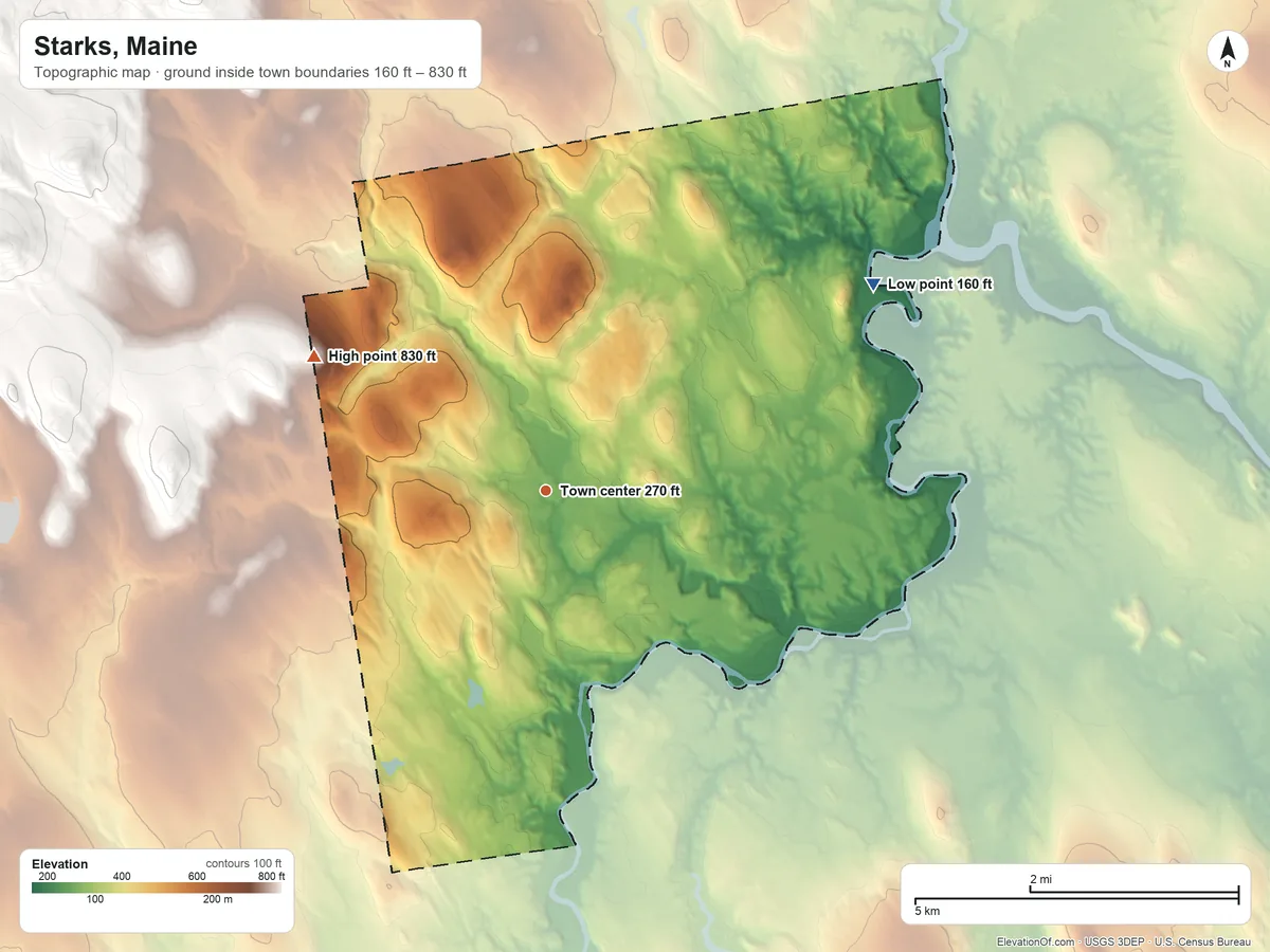 Topographic elevation map of Starks, Maine, shaded from 160 ft on the northeast side to 830 ft on the northwest edge, below higher ground just outside