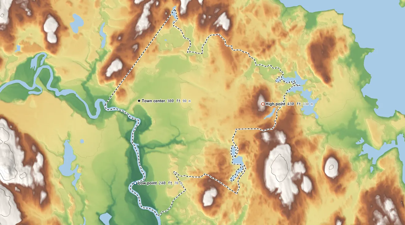 Topographic elevation map of Steep Falls, Maine, shaded from 240 ft on the south side to 430 ft on the east side