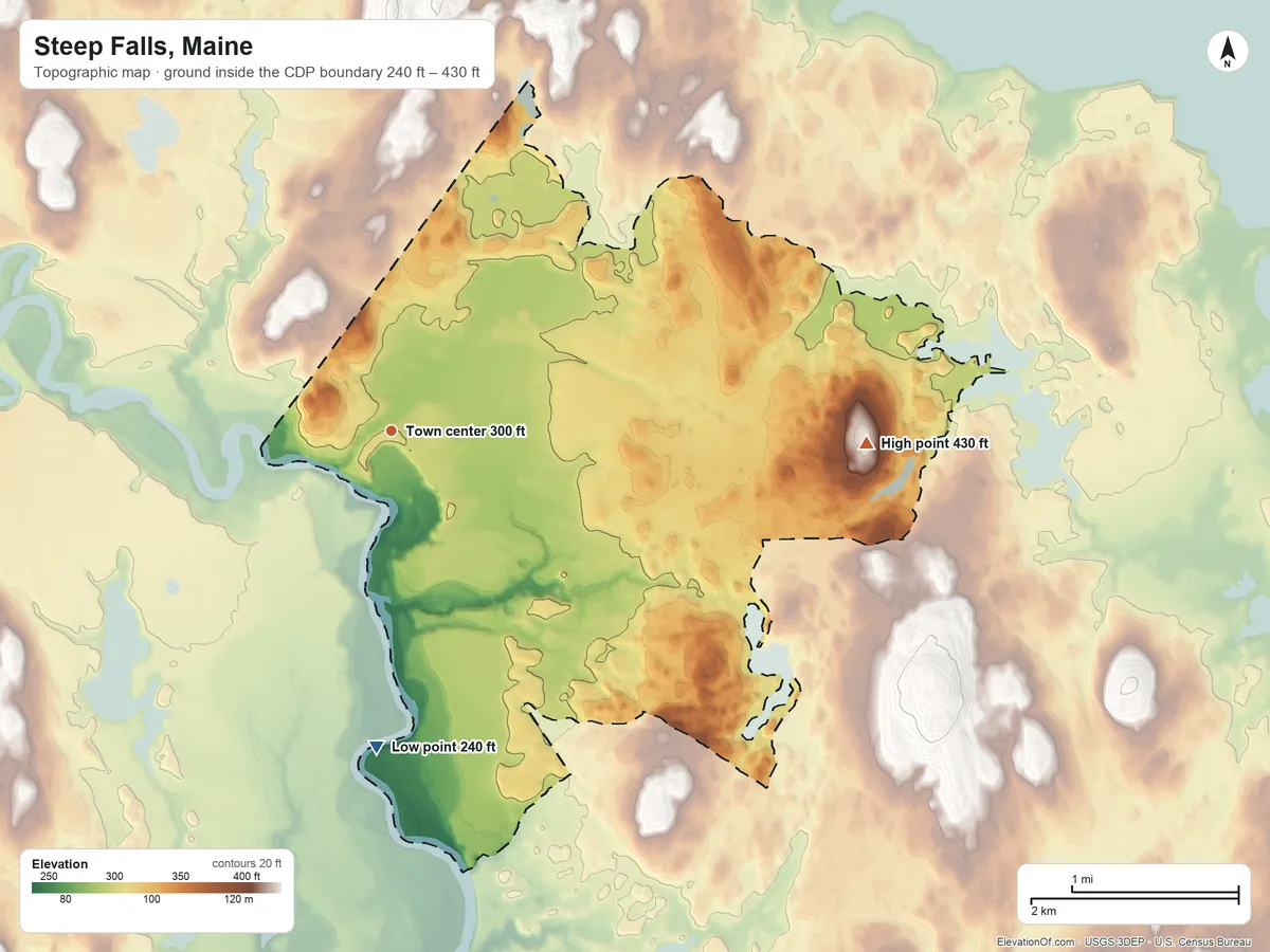 Topographic elevation map of Steep Falls, Maine, shaded from 240 ft on the south side to 430 ft on the east side