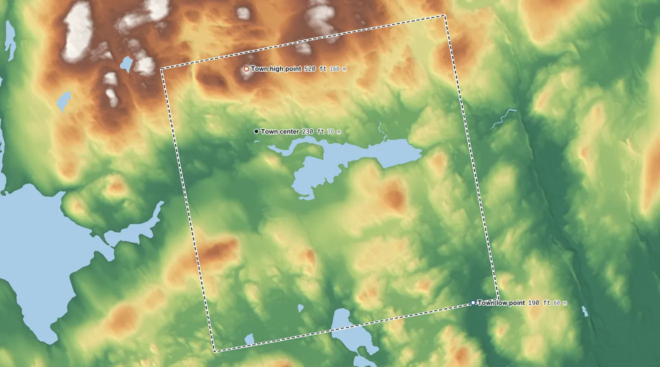 Topographic elevation map of Stetson, Maine, shaded from 190 ft on the southeast side to 520 ft on Clark Hill