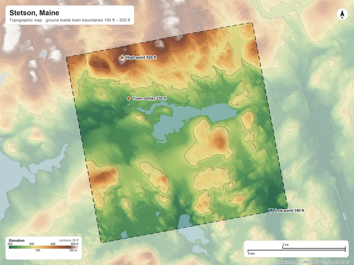 Topographic elevation map of Stetson, Maine, shaded from 190 ft on the southeast side to 520 ft on Clark Hill
