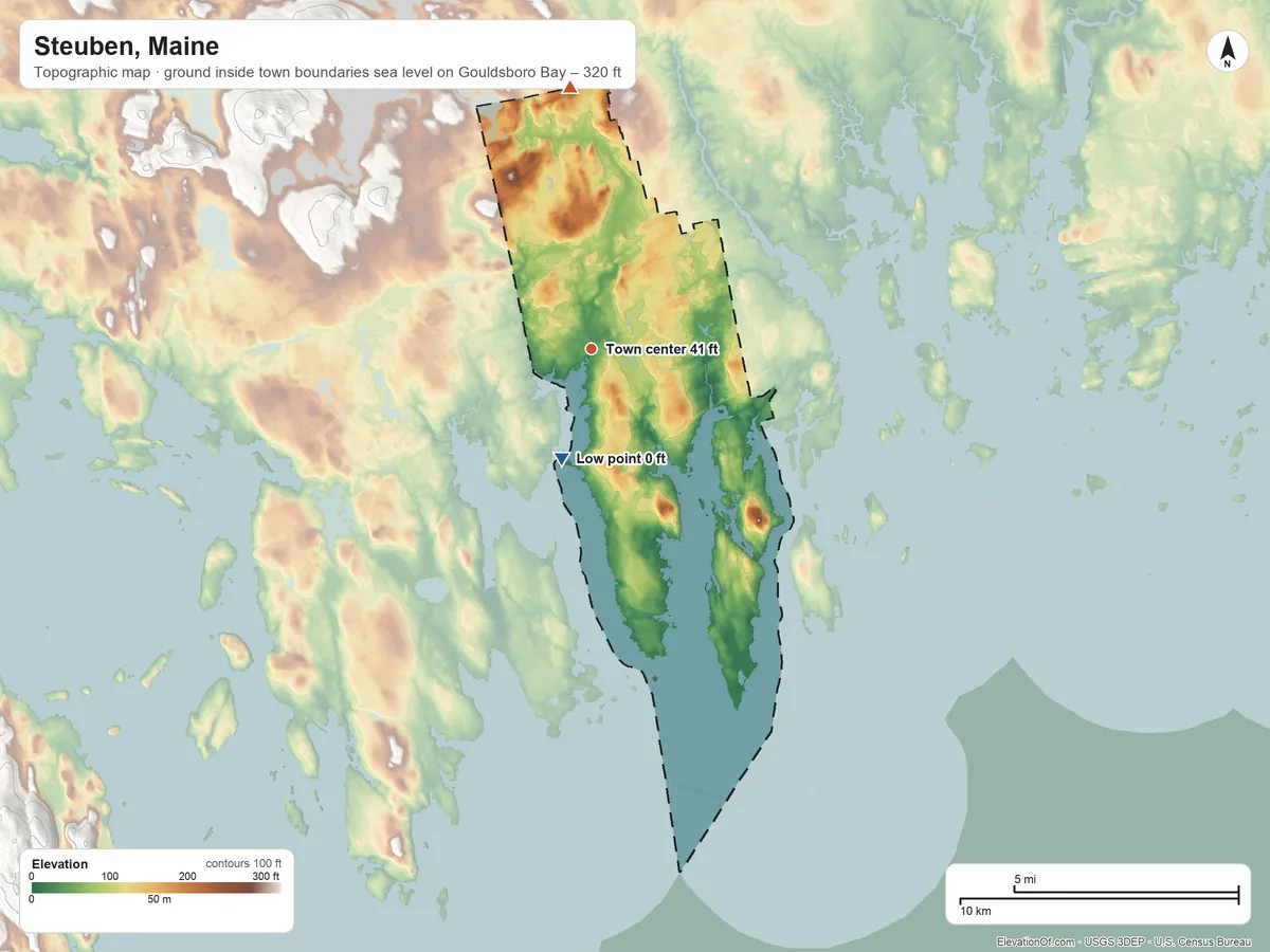 Topographic elevation map of Steuben, Maine, shaded from sea level level on Gouldsboro Bay to 320 ft on the north side