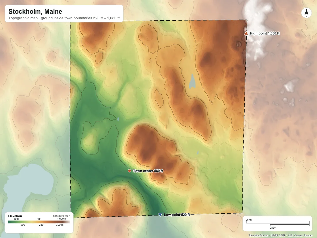 Topographic elevation map of Stockholm, Maine, shaded from 520 ft on the southeast side to 1,080 ft on the northeast side
