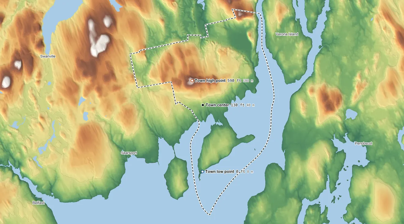 Topographic elevation map of Stockton Springs, Maine, shaded from sea level level on the Penobscot River to 590 ft on Fletcher Hill