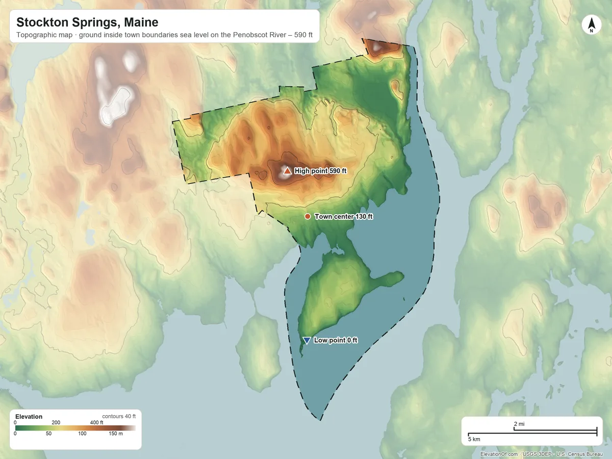 Topographic elevation map of Stockton Springs, Maine, shaded from sea level level on the Penobscot River to 590 ft on Fletcher Hill
