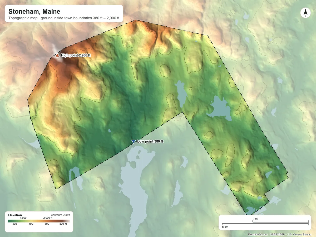 Topographic elevation map of Stoneham, Maine, shaded from 380 ft on the west side to 2,906 ft on Speckled Mountain