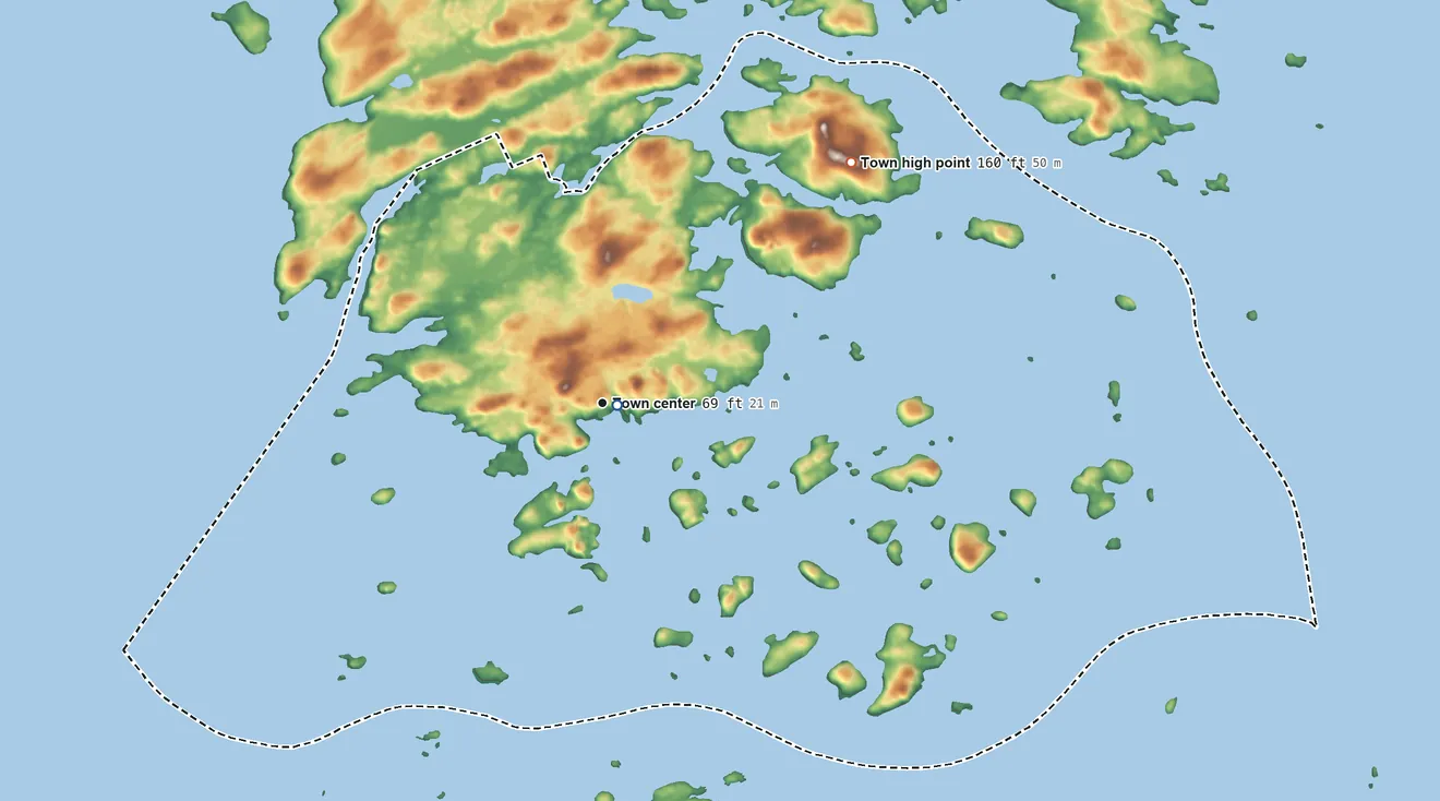 Topographic elevation map of Stonington, Maine, shaded from 0 ft near the middle to 160 ft on the northeast side