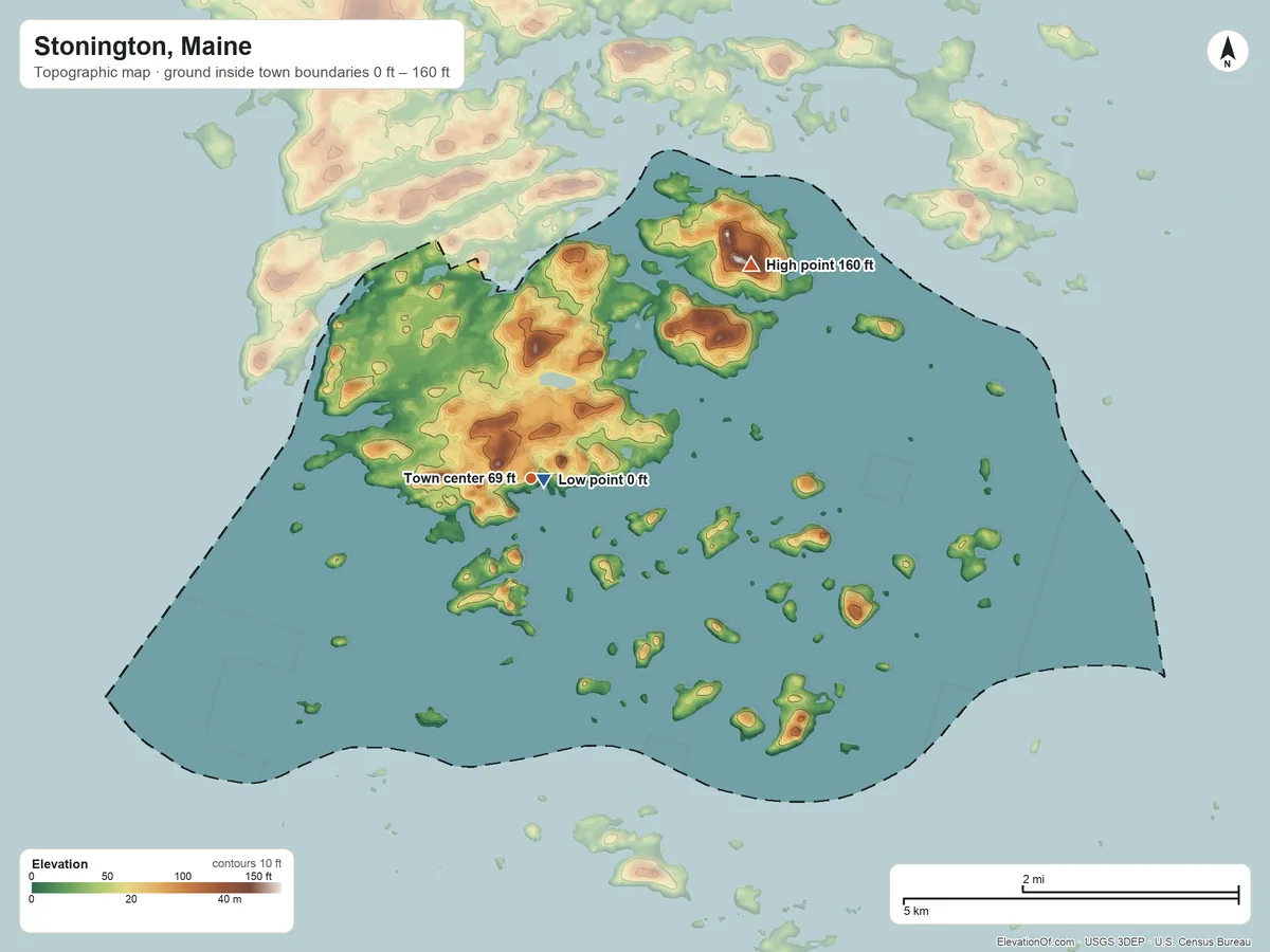 Topographic elevation map of Stonington, Maine, shaded from 0 ft near the middle to 160 ft on the northeast side