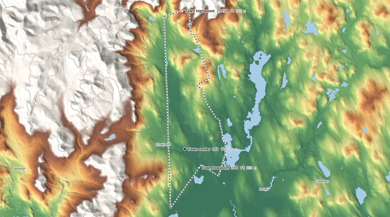 Topographic elevation map of Stow, Maine, shaded from 380 ft on the southeast side to 1,850 ft on the north edge, below higher ground just outside