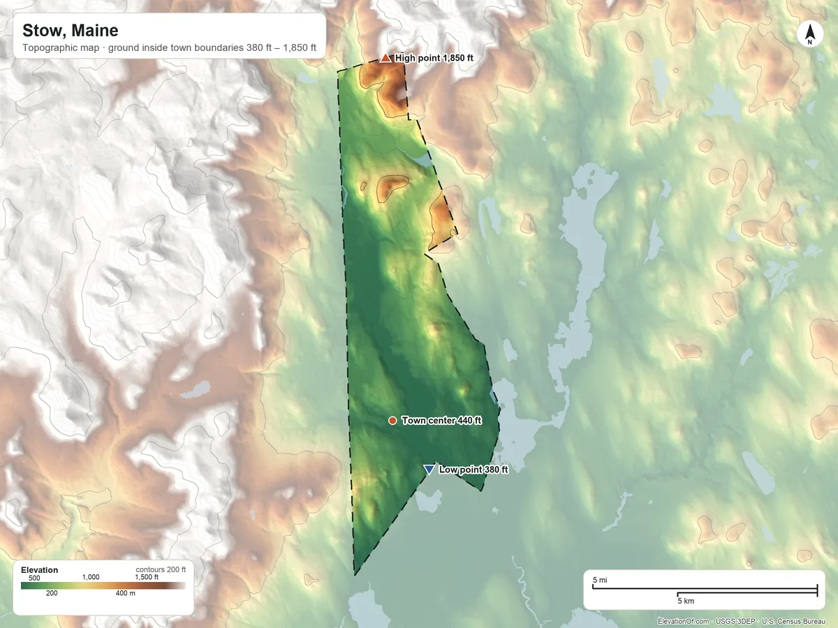 Topographic elevation map of Stow, Maine, shaded from 380 ft on the southeast side to 1,850 ft on the north edge, below higher ground just outside