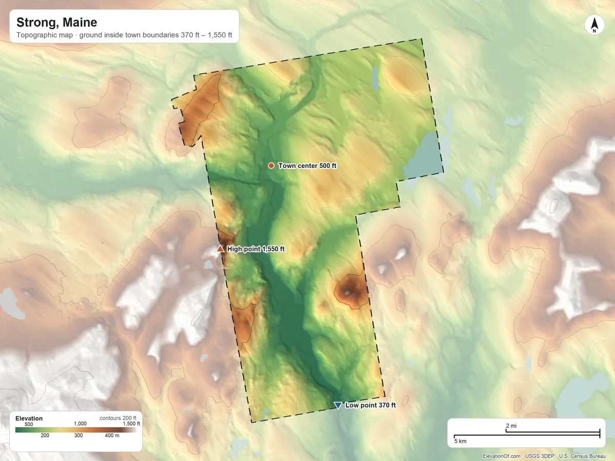 Topographic elevation map of Strong, Maine, shaded from 370 ft on the south side to 1,550 ft on the southwest edge, below higher ground just outside