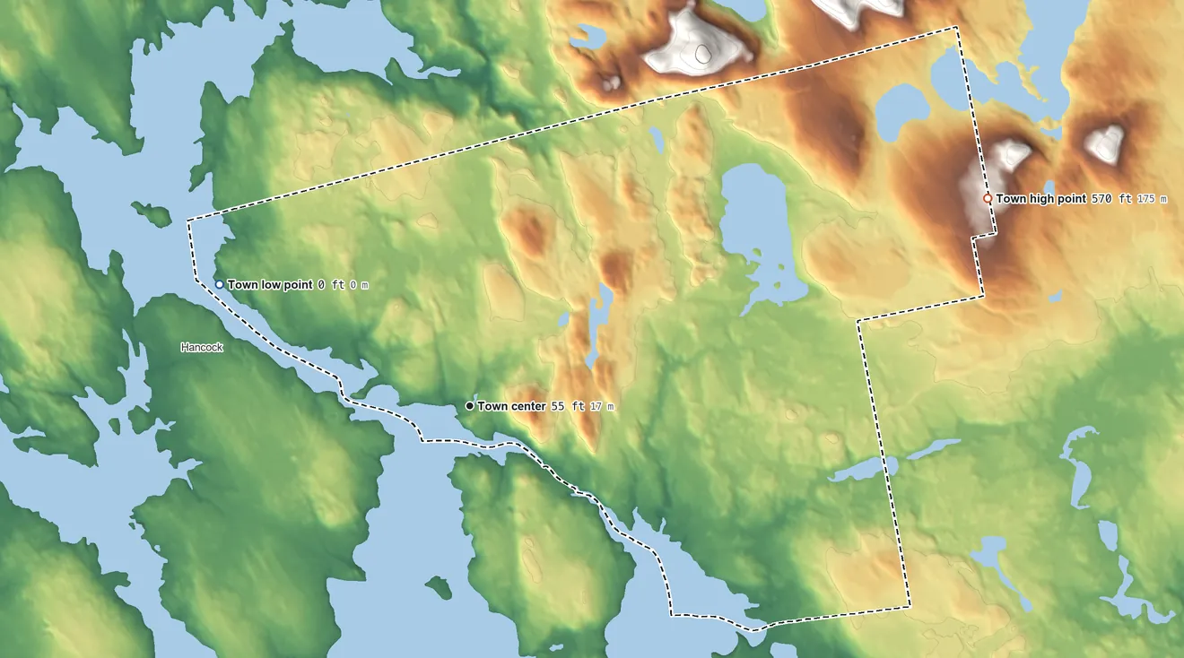 Topographic elevation map of Sullivan, Maine, shaded from sea level level on Taunton Bay to 570 ft on the east side